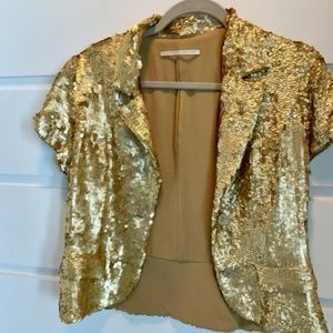 Twelfth Street by Cynthia Vincent matte gold cropped short sleeve blazer jacket